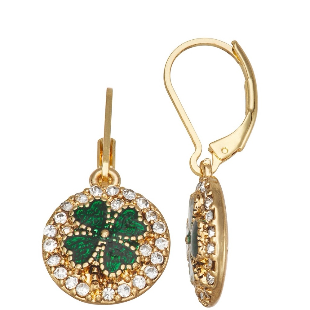 Crystal Lucky Medallion Gold & Green Earrings
